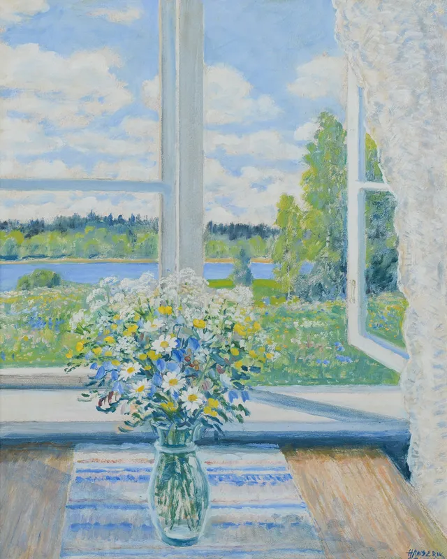 HANS ERIK ERIKSSON. Blomsterbukett i sommarfönster, olja på pannå, signerad.