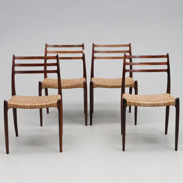 NIELS O. MØLLER. Stolar 4 st, J.L MØLLER., Danmark, 1960-tal teak, etikettmärkta.