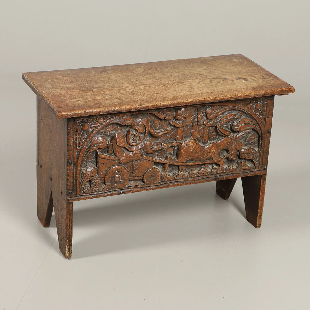 A SMALL COFFER WITH CARVED FRONT. — Chests of drawers — Lawrences Auctioneers
