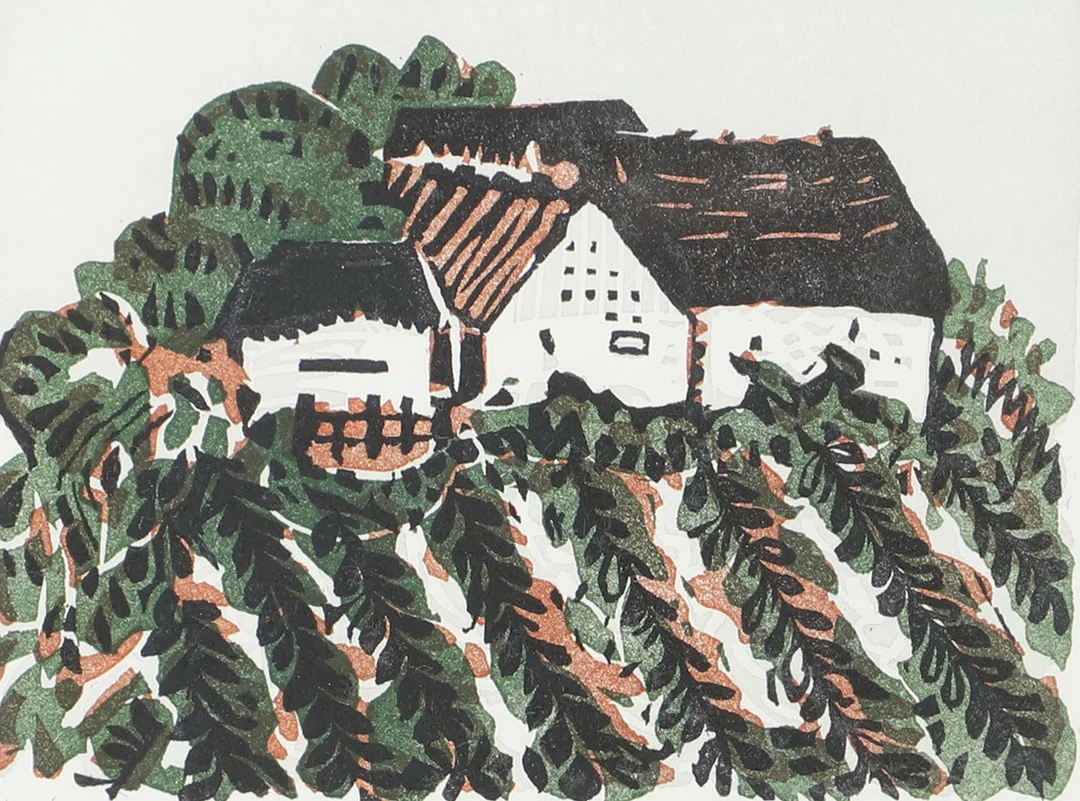 TORSTEN HULT. Landskap med gård, färglitografi, signerad T. Hult. — Engravings & Prints — Helsingborgs Auktionskammare