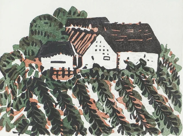 TORSTEN HULT. Landskap med gård, färglitografi, signerad T. Hult.