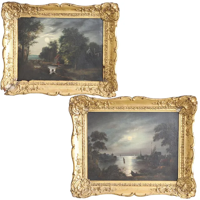 FOLLOWER OF JOHN CROME (OLD CROME). MOONLIGHT RIVER SCENE WITH FIGURES FISHING FROM BOATS, WINDMILLS AND A CHURCH BEYOND; A MOONLIT RIVER SCENE WITH A FIGURE BESIDE A WATERFALL (A PAIR).