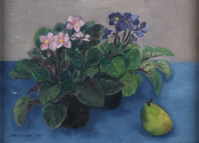 MINAKO MASUI. Oljemålning på duk. Stilleben med blommor och päron. Signerad.