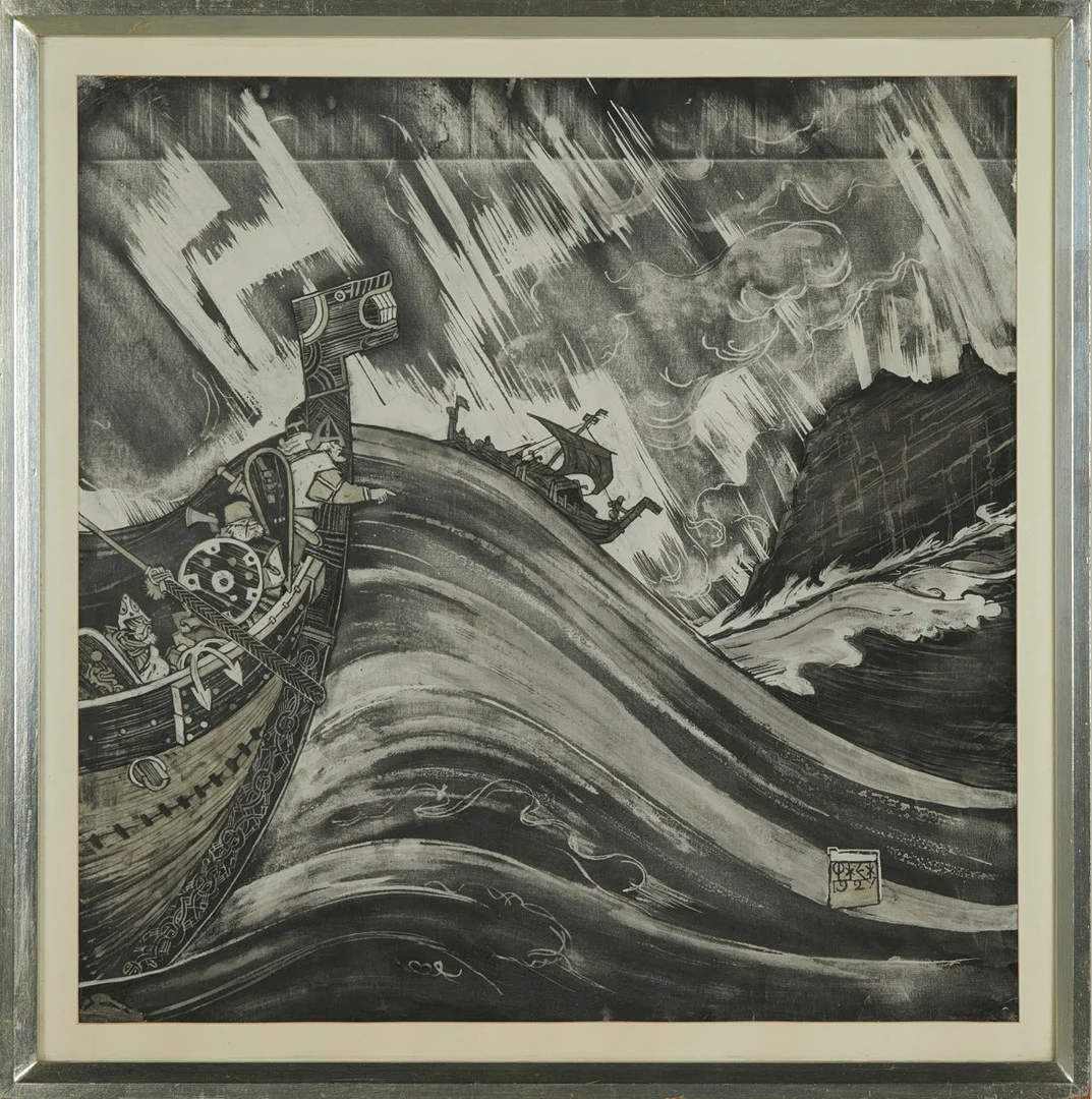 OSSIAN ELGSTRÖM (1883-1950). Fornnordisk motiv, blandteknik, monogramsignerad, troligtvis daterad 1927. — Paintings — Stockholms Auktionsverk Sickla
