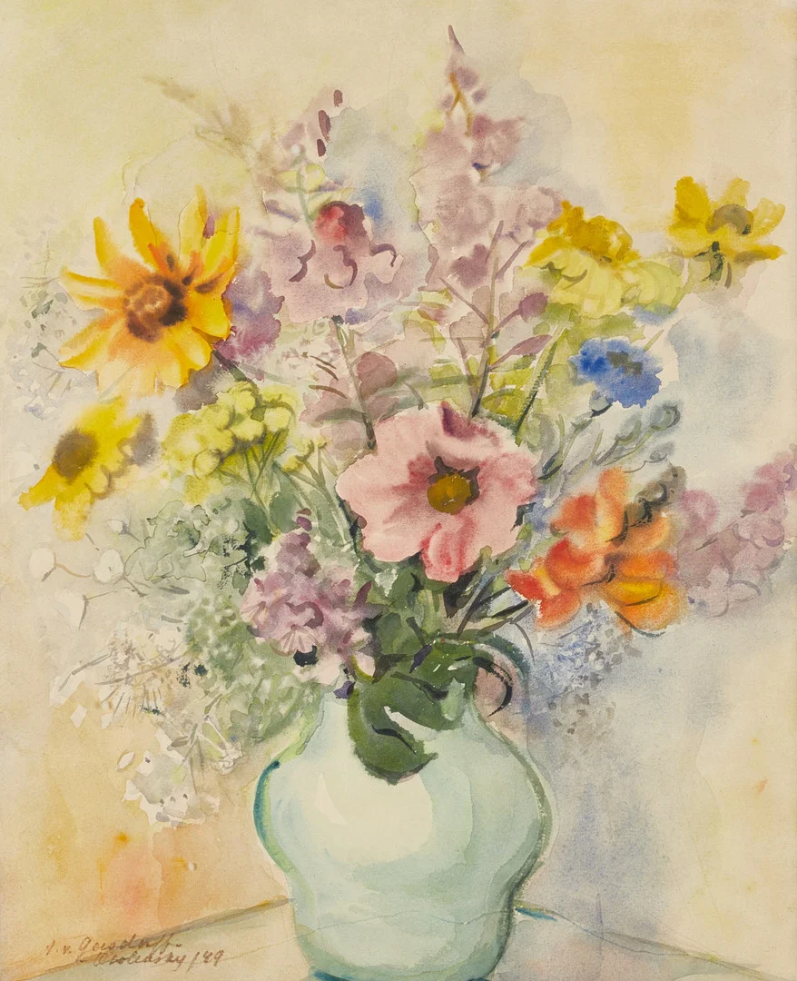 ANNA VON GERSDORFF-OBOLENSKY (Sankt Petersburg 1898-1973 Stockholm). Stilleben med sommarblomster i vas, signerad, daterad -49, akvarell. — Paintings — Crafoord Auktioner Stockholm