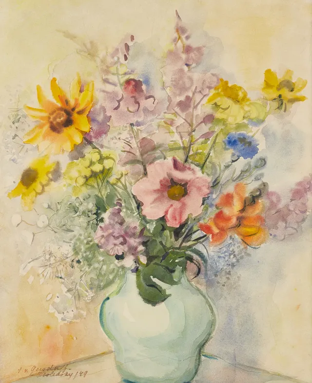 ANNA VON GERSDORFF-OBOLENSKY (Sankt Petersburg 1898-1973 Stockholm). Stilleben med sommarblomster i vas, signerad, daterad -49, akvarell.