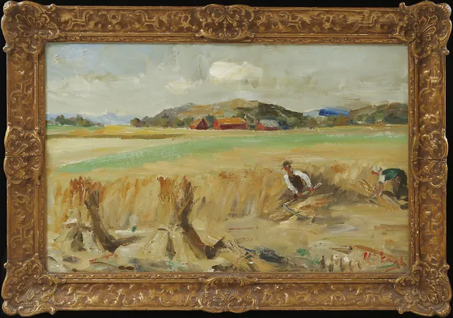 HENRIK SKAGH. Åkerlandskap med figurer, olja på duk, signerad.