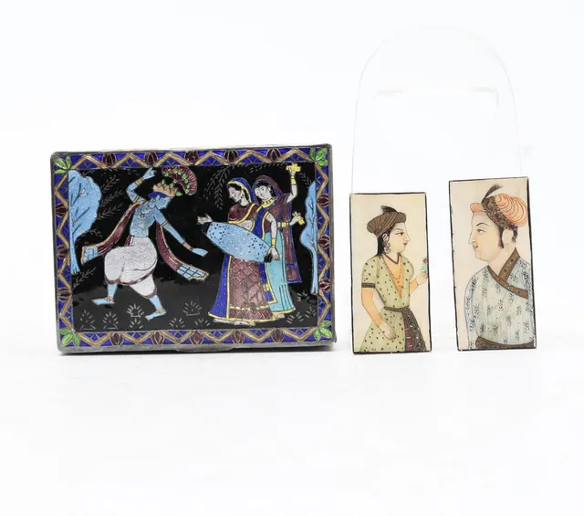 Enamelled silver box and two Persian miniatures, 20th Century.