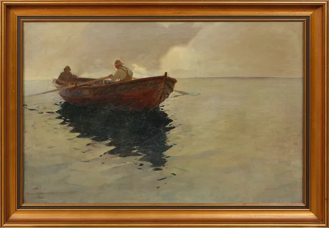 ARVID JOHANSSON. Fiskare i eka, olja på duk, signerad.