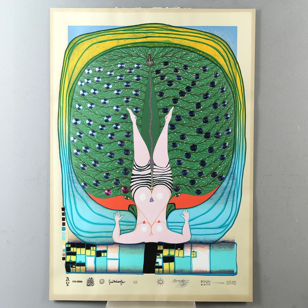 FRIEDENSREICH HUNDERTWASSER. "Hommage à Schröder Sonnenstern", färgserigrafi, stämpelsignerad och numrerad 02186/4200. — Engravings & Prints — Auktionshuset Kolonn