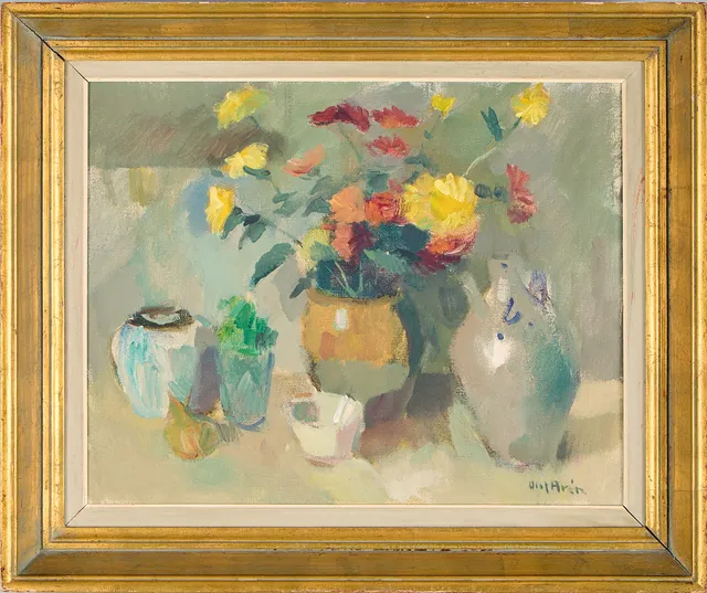 OLOF ARÉN. Stilleben med blommor och krus.