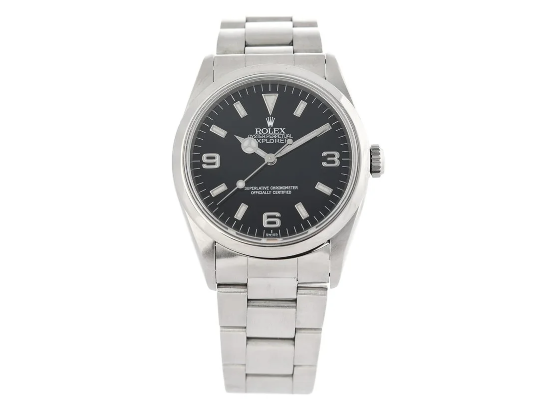 ROLEX, Oyster Perpetual, Explorer (Swiss), Chronometer, s.k. ”Swiss Only Dial”, Ref nr. 14270, Serie nr. U772181, Cal 3000, Verk nr. 1 4807415, Boett nr. 14270, herrur, 36 mm, stål, automatisk, safirglas, Oysterlocklänk, viklås, Ref nr. 78790-U8/558 B, cert, december 1998, box, ytterkartong. — Klockor/Rolex — Kaplans