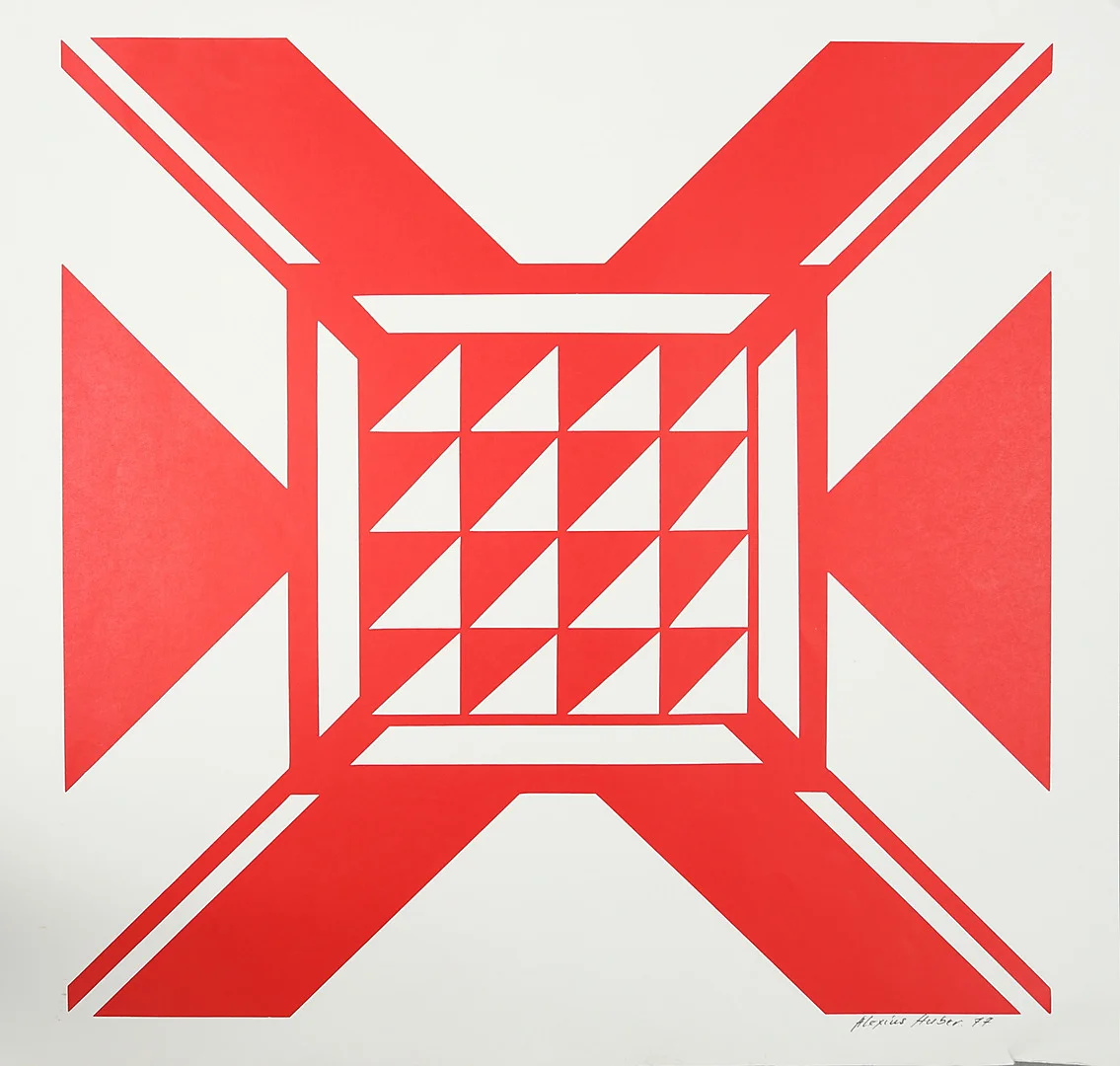 ALEXIUS HUBER. Komposition, färgserigrafi, signerad och daterad -77. — Engravings & Prints — Garpenhus Auktioner