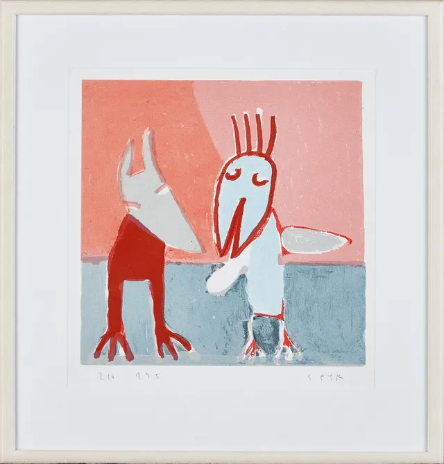 CAMILLA PYK. Hund och fågel, färglitografi, signerad, numrerad 210/295.
