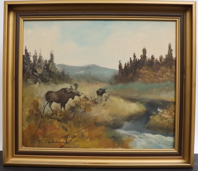 BERT ÖSTERLUND. Skogsbild med älgar, oljemålning på duk, signerad.