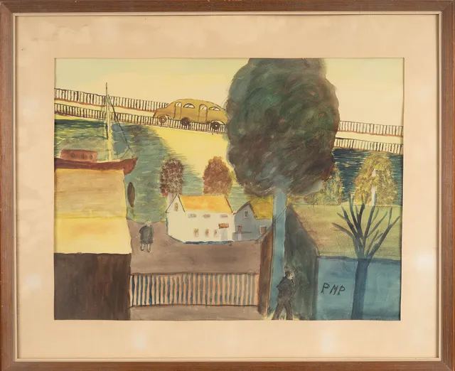 PRIMUS MORTIMER PETTERSSON. Blandteknik på papper, monogramsignerad, bymotiv, 1900-tal.