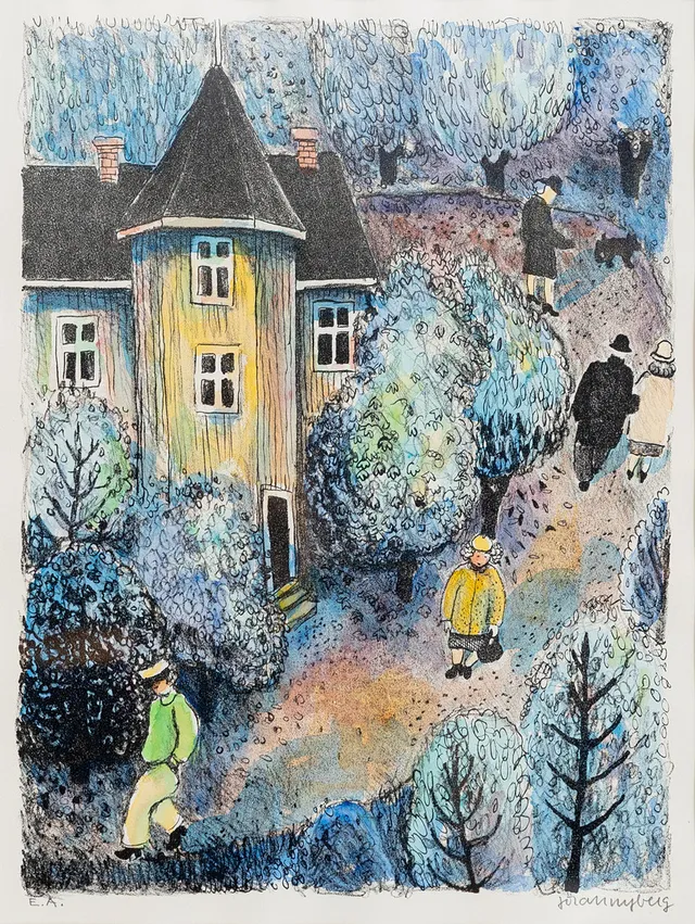 JÖRAN NYBERG. Motiv med hus och flanörer, färglitografi, signerad, E.A-upplaga.