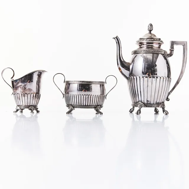 KAFFEKANNA, SOCKERSKÅL & MJÖLKKANNA, nysilver, AG Dufva.