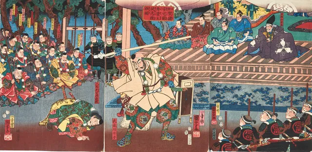 UTAGAWA KUNIYOSHI (JAPAN, 1797-1861). "At the Ataka Barrier in Kaga Province, Benkei Saves His Master", 加賀国安宅関弁慶主従危難救, (Kaga no kuni Ataka no seki ni Benkei shûjû no kinan wo suku zu).