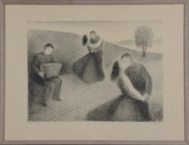 LILLA HELLESEN. litografi, "Dans på vägen", signerad.