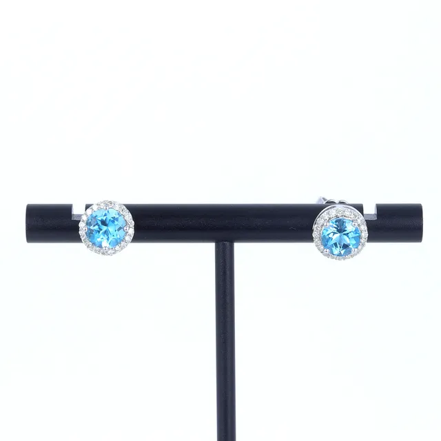 BLUE TOPAZ AND DIAMOND 9CT EARRINGS.