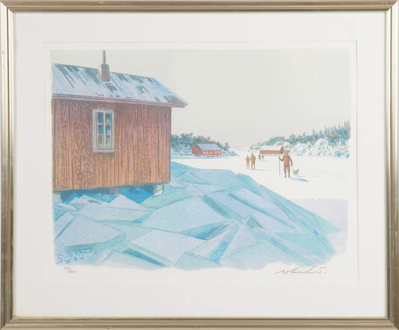 ROLAND SVENSSON. "Söndag på isen, Möja", signerad roland S, 169/360, färglitografi. — Engravings & Prints — Stockholms Auktionsverk Magasin 5