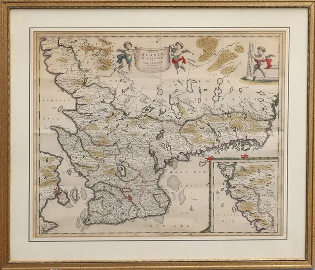 ANTIK KARTA. FREDERIK DE WITS HANDKOLORERADE OCH GRAVERADE KARTA ACCURATA SCANIAE BLEKINGAE, ET HALLANDIAE CA. 1690.