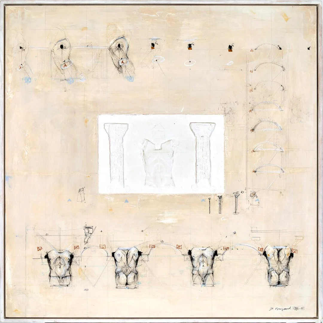 “Anatomic Table, Human Body”. Signed Jes Fomsgaard 1996–97. Plaster, chalk, pencil and ink on prepared and painted wood. 100×100 cm. — Modern Paintings/Modern art — Bruun Rasmussen