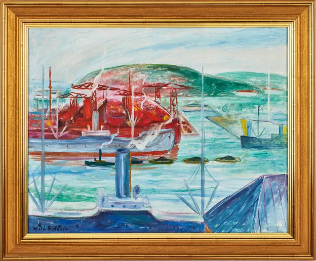 WALDEMAR SJÖLANDER. Båtvarv, Bohuslän, olja på duk, 64 x 80 cm.