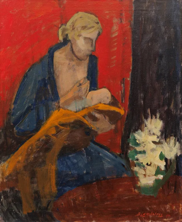 BERTIL LANDELIUS. Mor och barn, olja på duk, signerad.