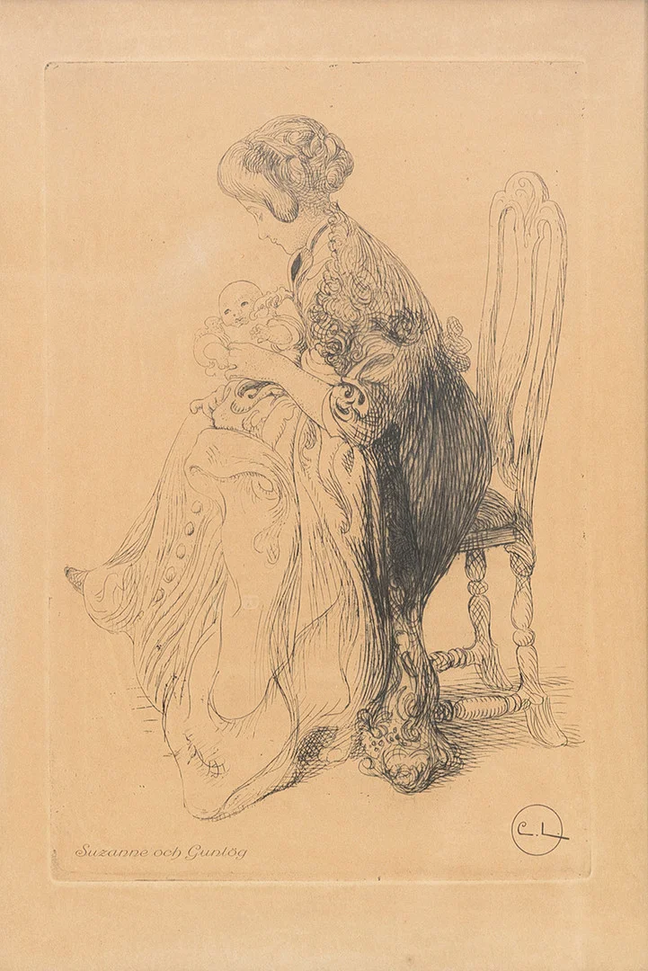 CARL LARSSON. EFTER. "Suzanne och Gunlög" , etsning, signerad i plåten. — Engravings & Prints — Auktionshuset Kolonn