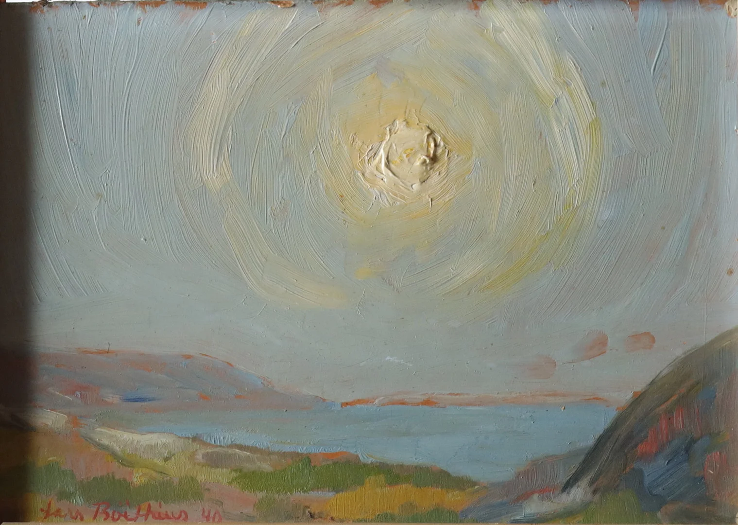 LARS BOETHIUS. Olja på pannå, "Soldis", signerad samt daterad -40. — Paintings — Gomér & Andersson Nyköping