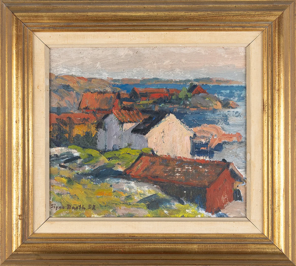 SIGNE BARTH (1895-1982). "Hus vid strand, Bohuslän", olja på pannå, signerad 52. — Paintings — Stockholms Auktionsverk Helsingborg