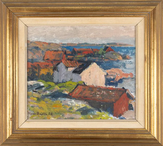 SIGNE BARTH (1895-1982). "Hus vid strand, Bohuslän", olja på pannå, signerad 52.