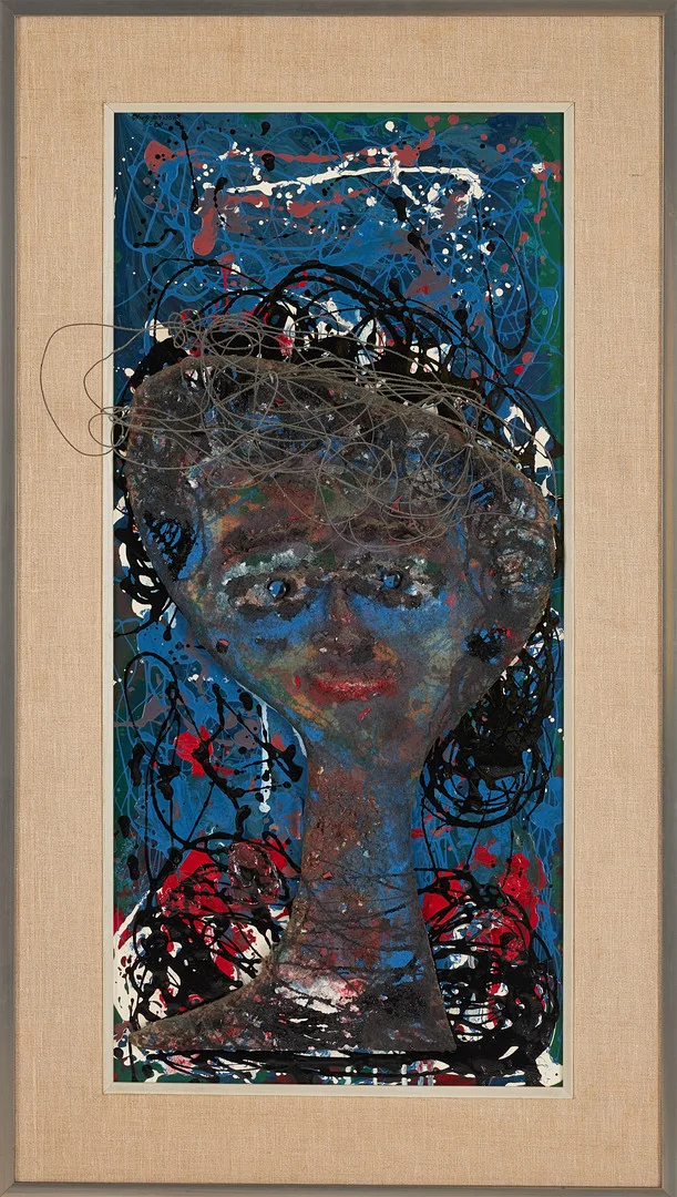 STIEG JÖNSSON. Figurkomposition, collage, applikation med metalltråd, blandteknik, signerad och daterad 60. — Paintings — Stockholms Auktionsverk Sickla