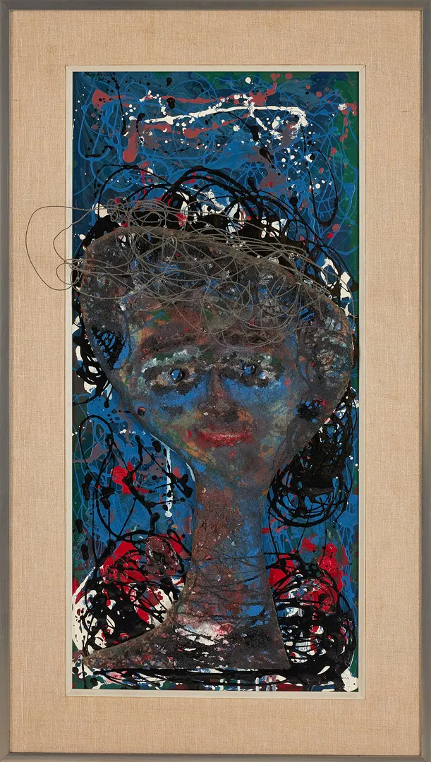 STIEG JÖNSSON. Figurkomposition, collage, applikation med metalltråd, blandteknik, signerad och daterad 60.