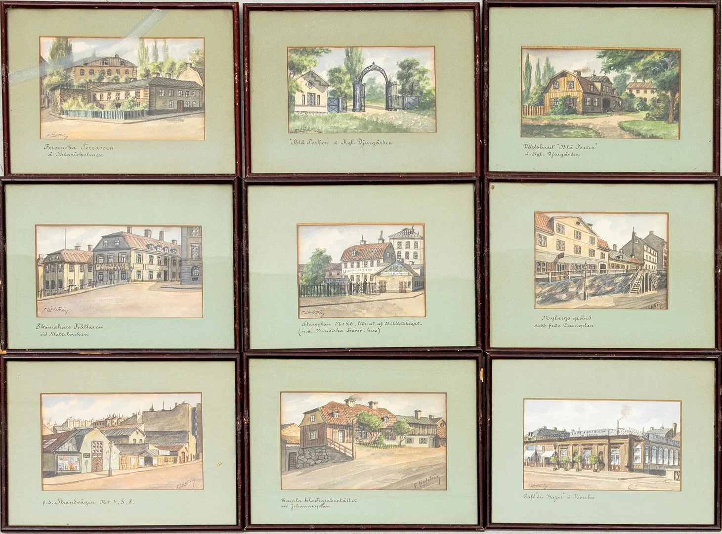 FRANS LINDSTRÖM. Stockholmsmotiv, 9 st, akvarell på papper, signerade. — Paintings — Auktionshuset Kolonn