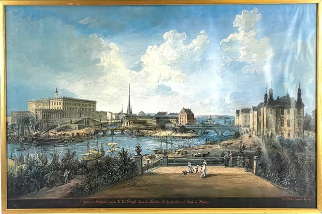 ELIAS MARTIN. Efter, offsettryck, Stockholmsvy från Fersenska terrassen, signerad i trycket "Elie Martin, paintre du Roi".
