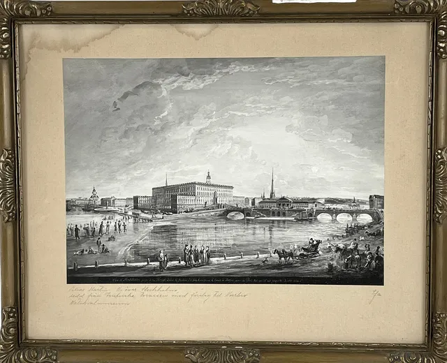 ELIAS MARTIN. EFTER. Reproduktionstryck efter original av Elias Martin (1739-1818), stämpelmärkt Nationalmuseum, "Vy över Stockholm, sedd från Fersenska terrassen med förslag till Norrbro".