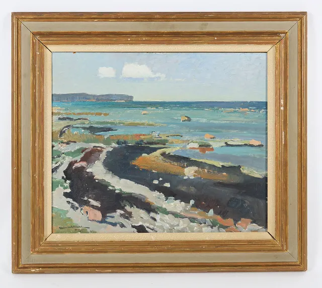 STIG JONZON (1913-1987). "Mot Högklint Gotland", signerad samt daterad 1948, olja på pannå.