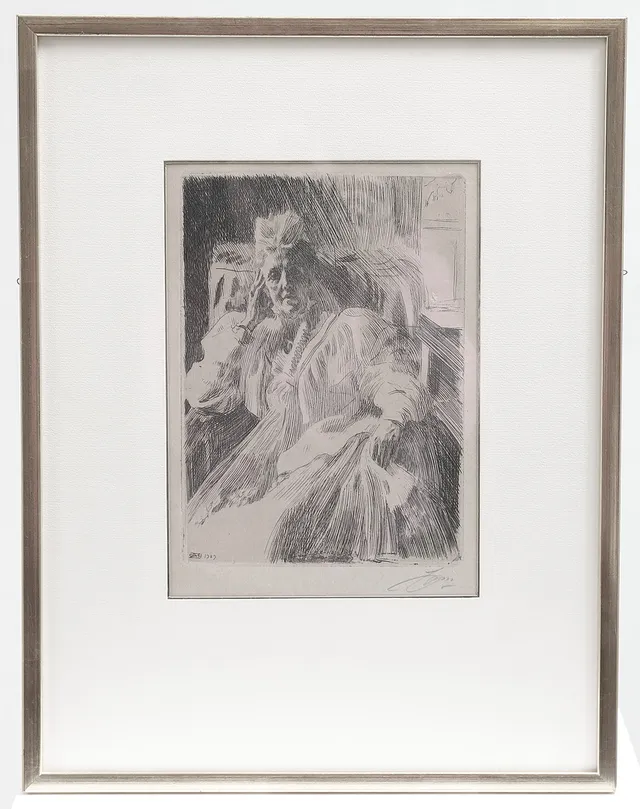 ANDERS ZORN. etsning, "Änkedrottning Sophia", 1909, signerad med blyerts.
