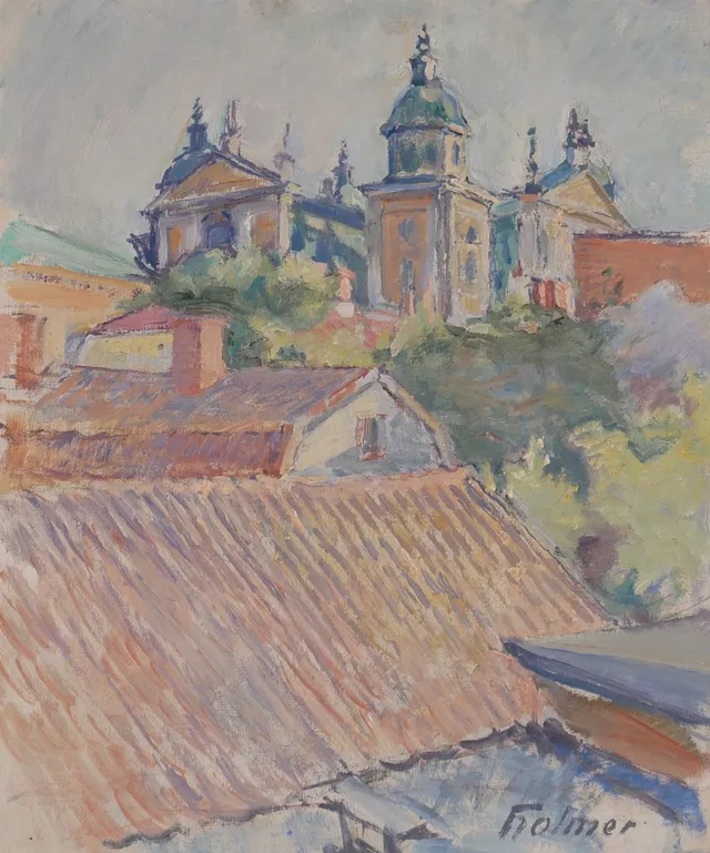 FRITZ HOLMER. Domkyrkan Kalmar, olja på duk, signerad Holmer.