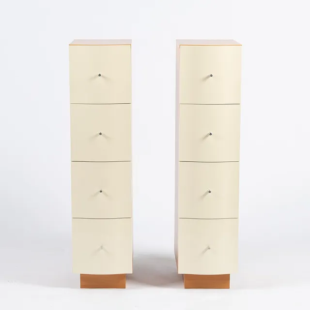 TOMAS JELINEK. Byråer, 2 st, "Vajer" Ikea, 1990-tal, stommar fanerade med bok, lådfronter i plast.