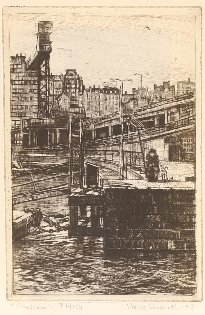 HASSE LINDROTH. Etsning, Slussen Stockholm. Signerad, daterad 1998. 26/150. — Engravings & Prints — RA Auktionsverket Norrköping