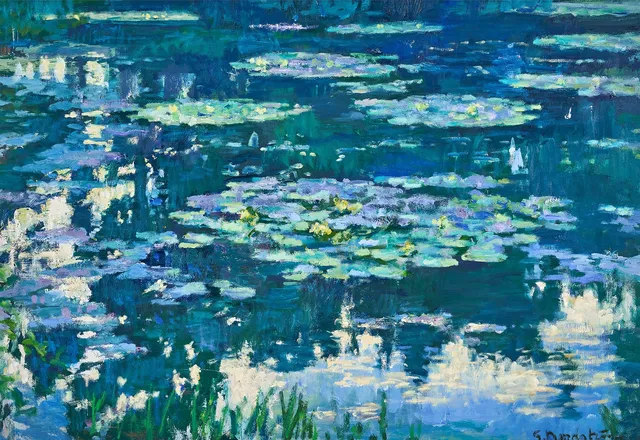 GERHARD NORDSTRÖM. Näckrosdamm, utsnitt från Monets trädgård, olja på pannå, 73 x 104 cm.