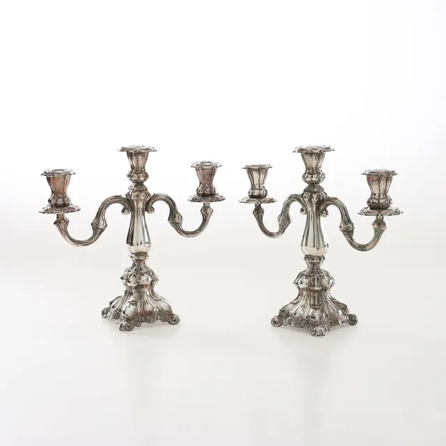 KANDELABRAR, 1 par, nysilver, barockstil, 1900-talets mitt.