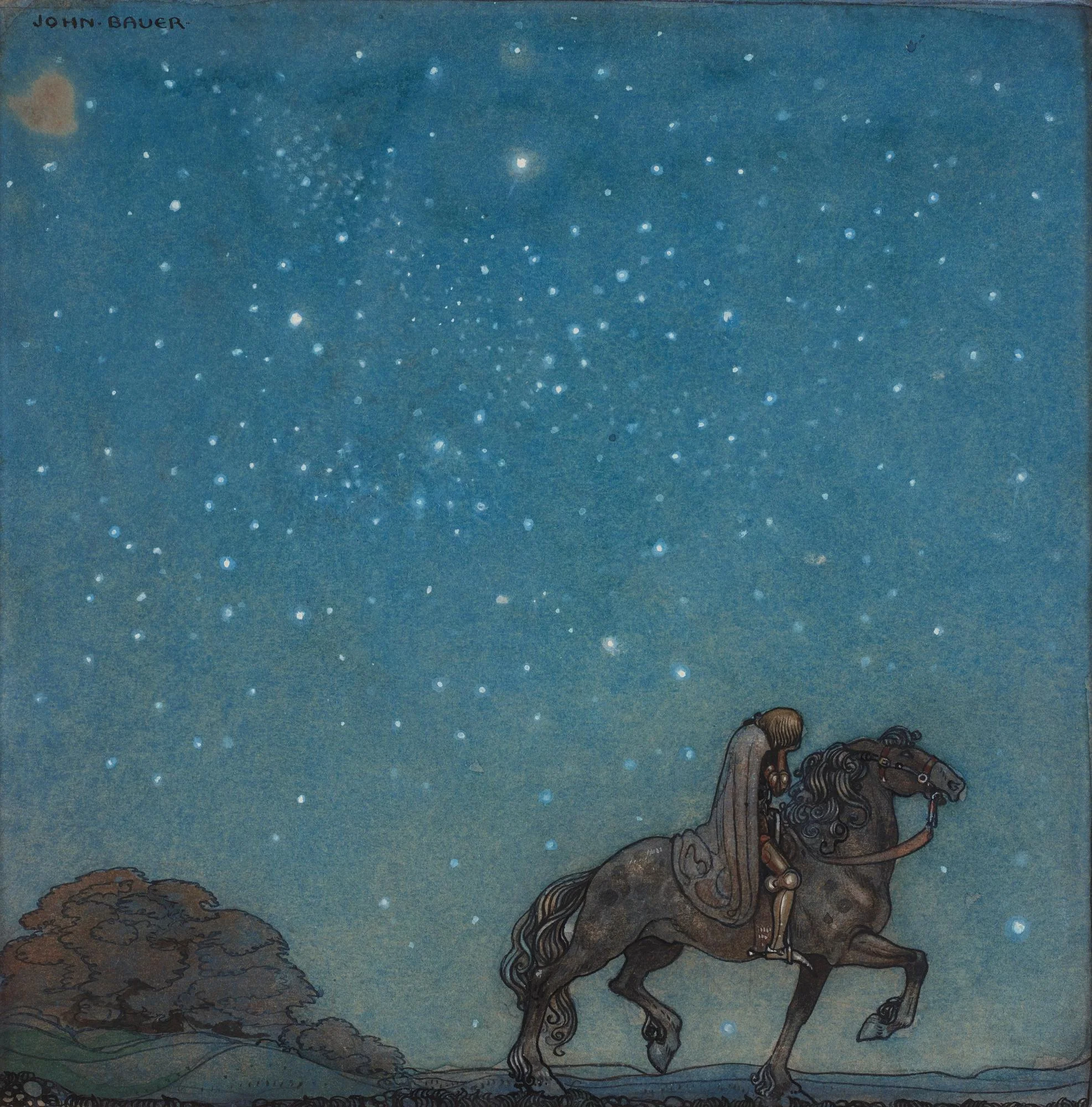 John Bauer, "Han vilade icke ett ögonblick förrän han i skymningen nådde fram". — Bukowskis