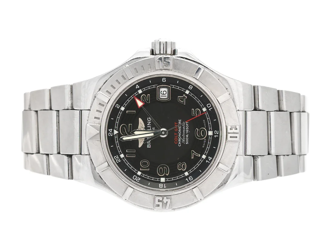 BREITLING, Colt GMT (500M/1650FT), Chronometre, Cal 32 (ETA 2893-2, Verk nr. 1309262, Serie nr. 1309262, Ref nr. A32370, Boett nr. 0510 B5, herrur, 41,3 mm, stål, automatisk, safirglas, datum, 24-timmarsvisning, integrerad Professionallänk, viklås, Ref nr. W4109/148A, cert, oktober 2011, box, ytterkartong. — Klockor/Breitling — Kaplans