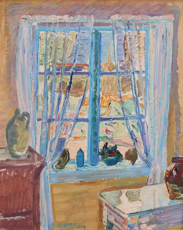 AXEL NILSSON. OLJA PÅ PANNÅ, "DET BLÅA FÖNSTRET", SIGNERAD OCH DATERAD 1956.