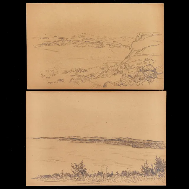 KARL NORDSTRÖM (Tjörn 1855-1923 Drottningholm). Två vidsträckta kustlandskap, Bohuslän, signerade, daterad 1909, kol på brunt papper.